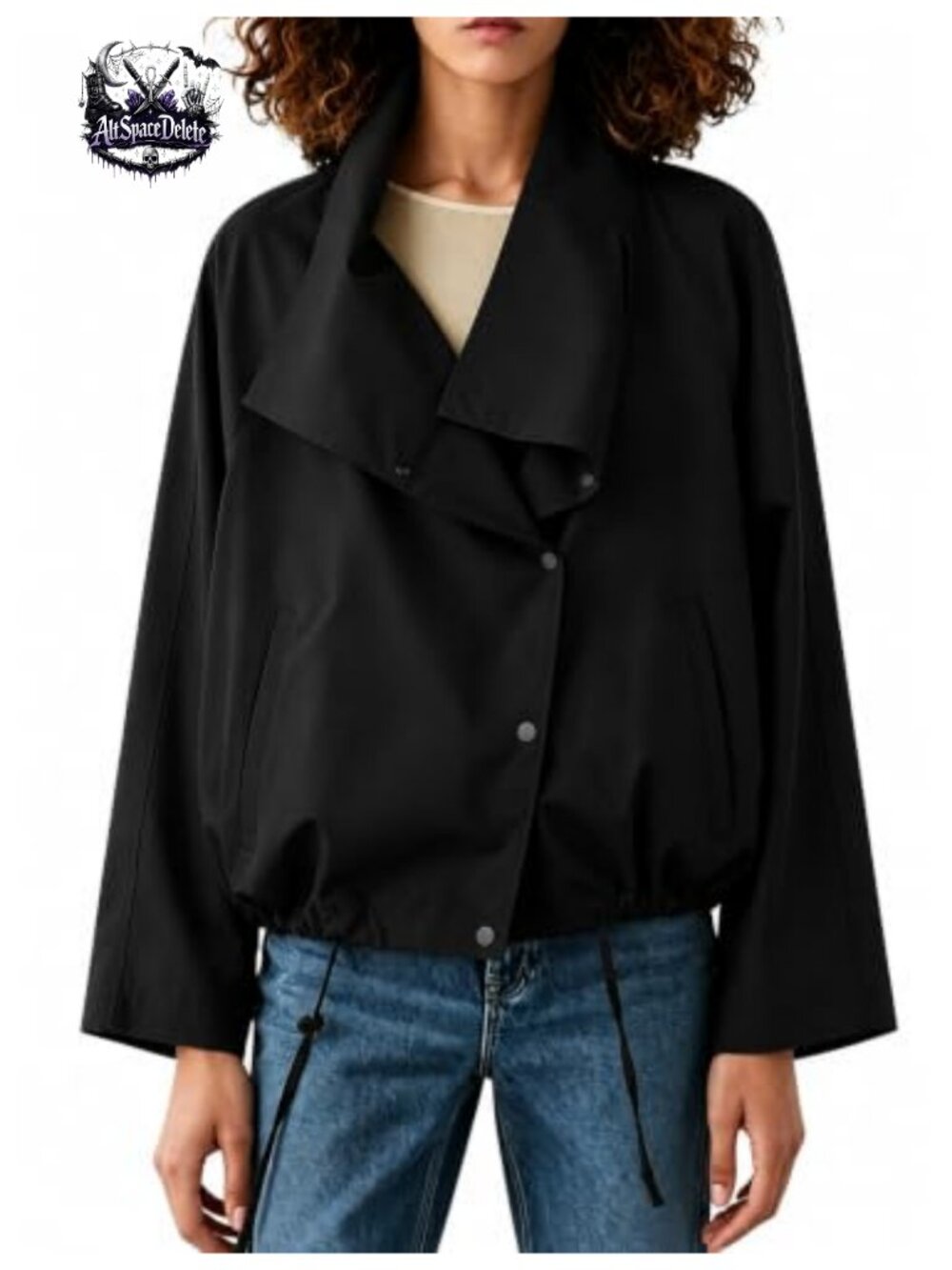 Womens Cropped Trench Coat Button Down Asymmetric Collar Drawstring Hem